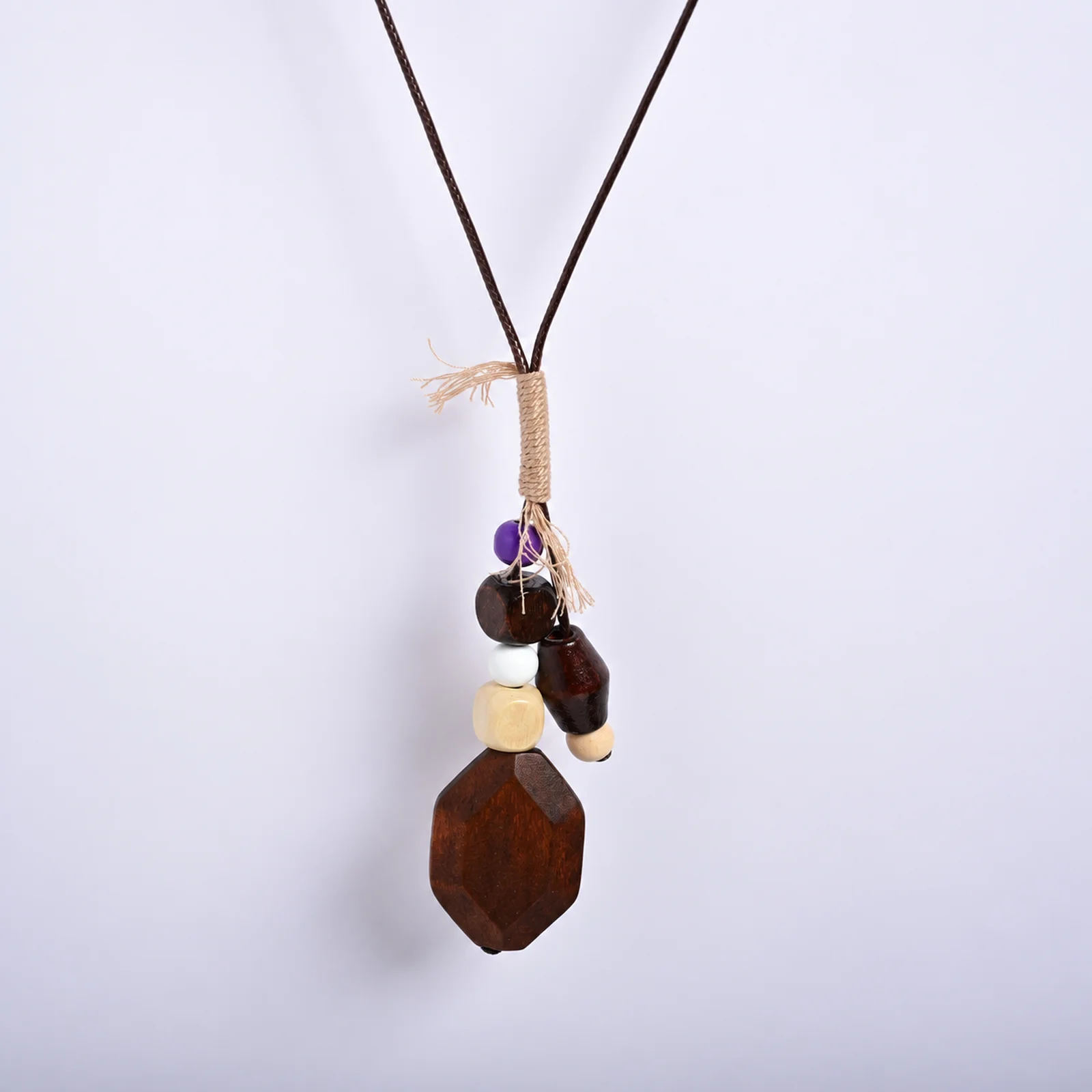 Handwoven Waxed Cord Wooden Bead Diamond Slice Cylinder Necklace Adjustable Forest Style Artisan Jewelry 609P12-10