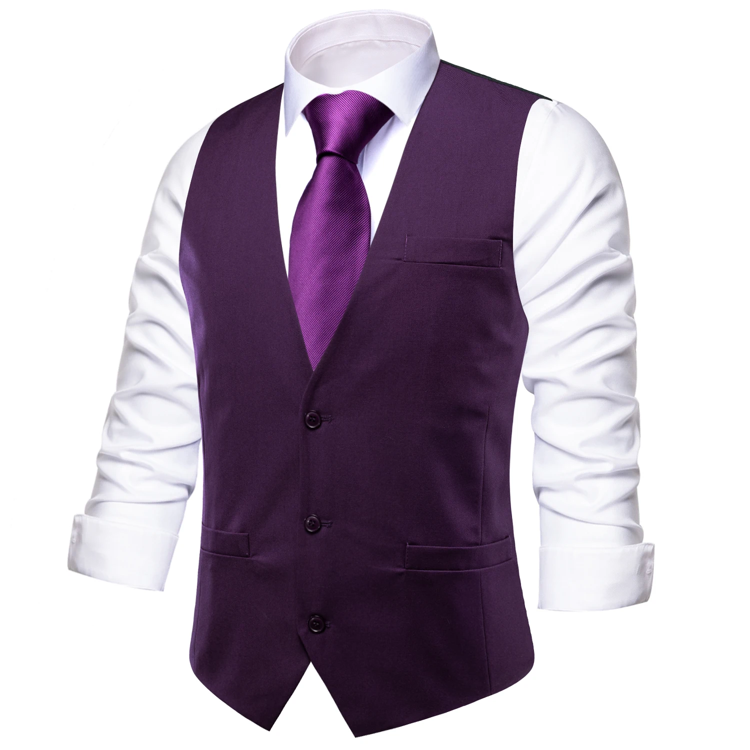Hi-Tie Dark Purple Men Vest Silk Solid TR Slim Waistcoat Neck Tie Hanky Cufflinks Brooch Set for Men Suit Wedding Party Designer