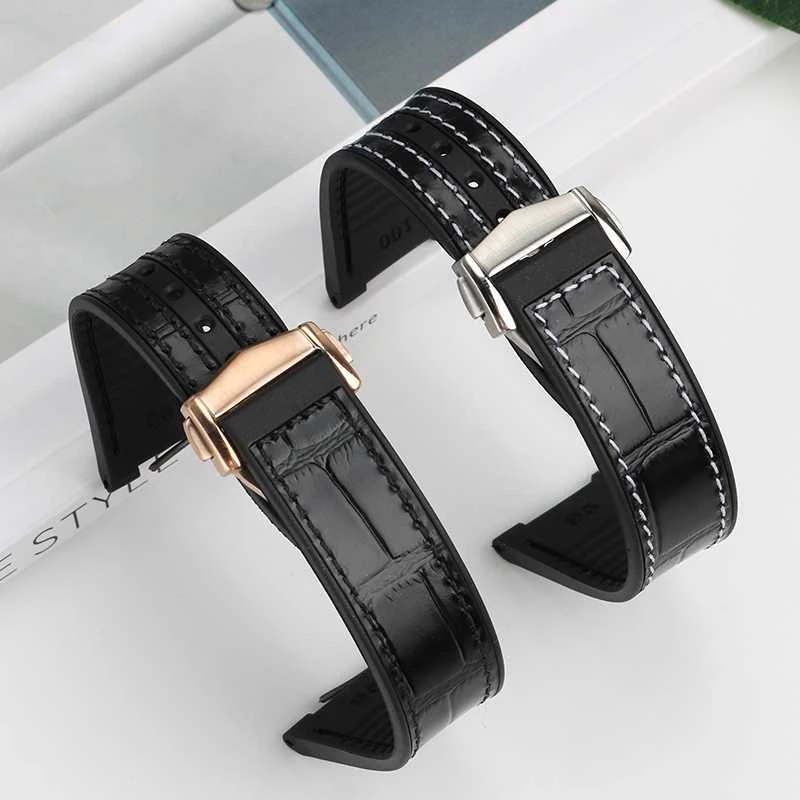 25*14mm Notch Cowhide Surface Rubber Bottom Bracelet For Omega Constellation 41mm Watchband Manhattan 39mm Observatory Strap