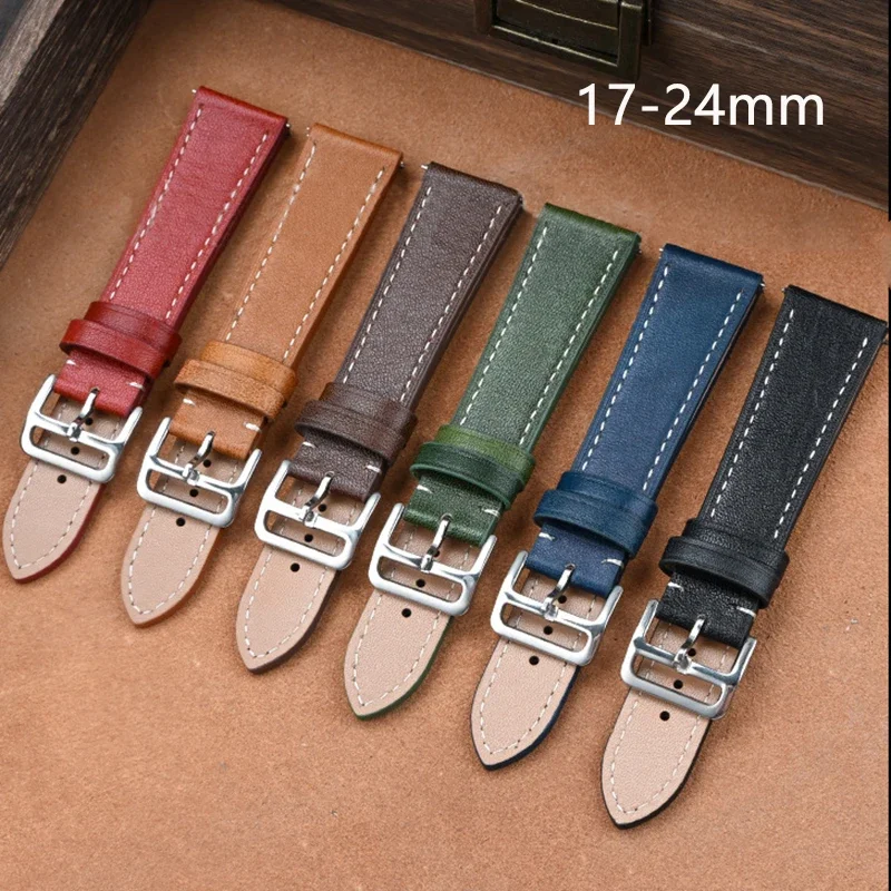 Genuine Cow Leather Strap 17mm 18mm 19mm 20mm 21mm 22mm 24mm Men Women Oil Wax Leather Quick Release Replace Bracelet Watch Band