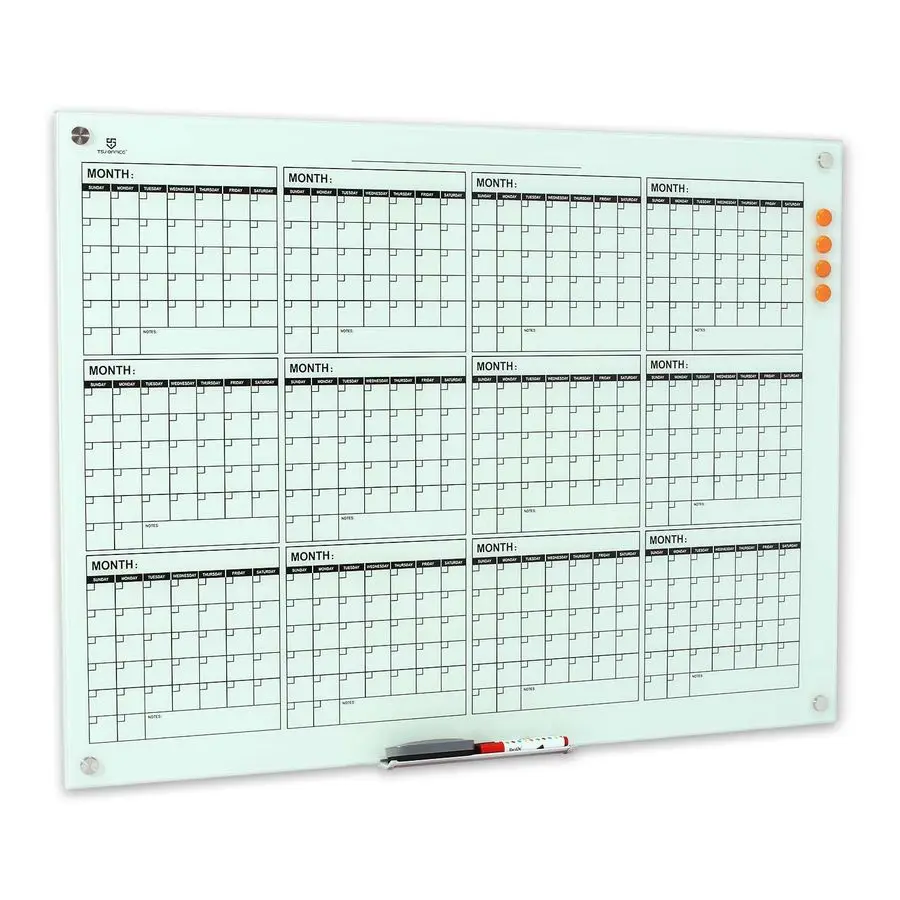 

Glass Calendar Whiteboard 48 x 36 Inches Wall Mounted Dry Erase Yearly Planner for Wall, Large Magnetic Glass White Board for Of