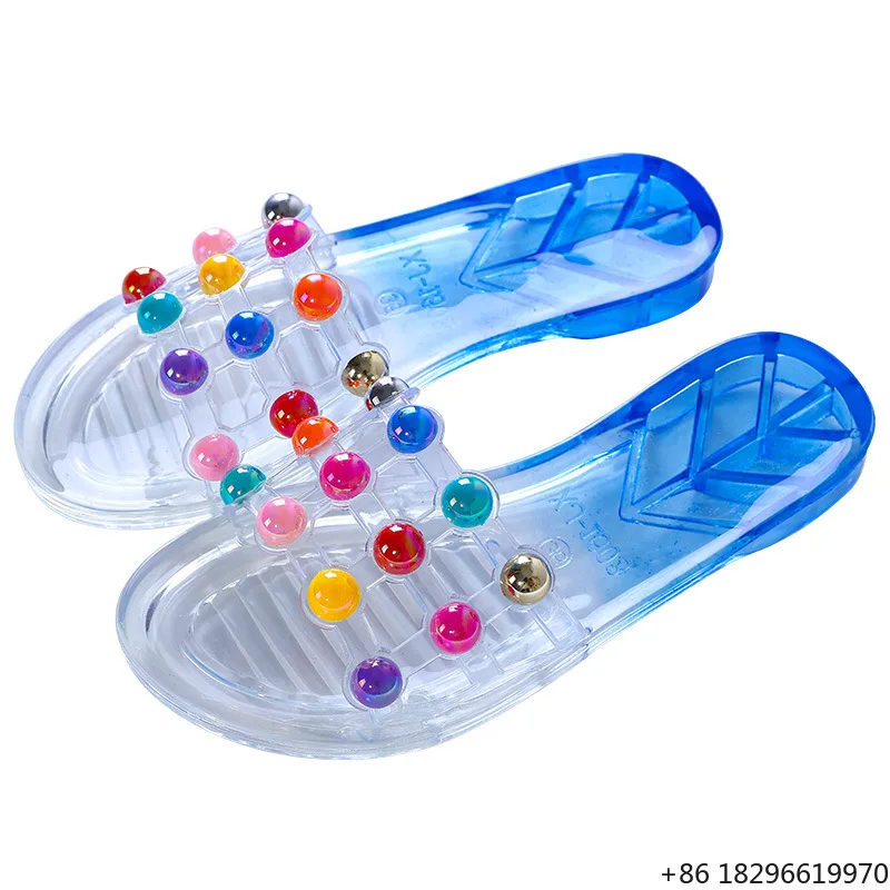 Women High Grade Transparent Crystal Pearl Soft Bottom Flat Beach Fashion Sandals