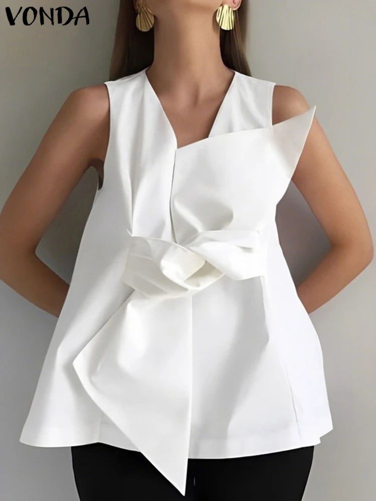 

Plus Size 5XL VONDA Summer Sleeveless V-Neck Tanks Elegant Bowknot Tank Women Tees 2025 Fashion Casual Solid Office Lady Tops