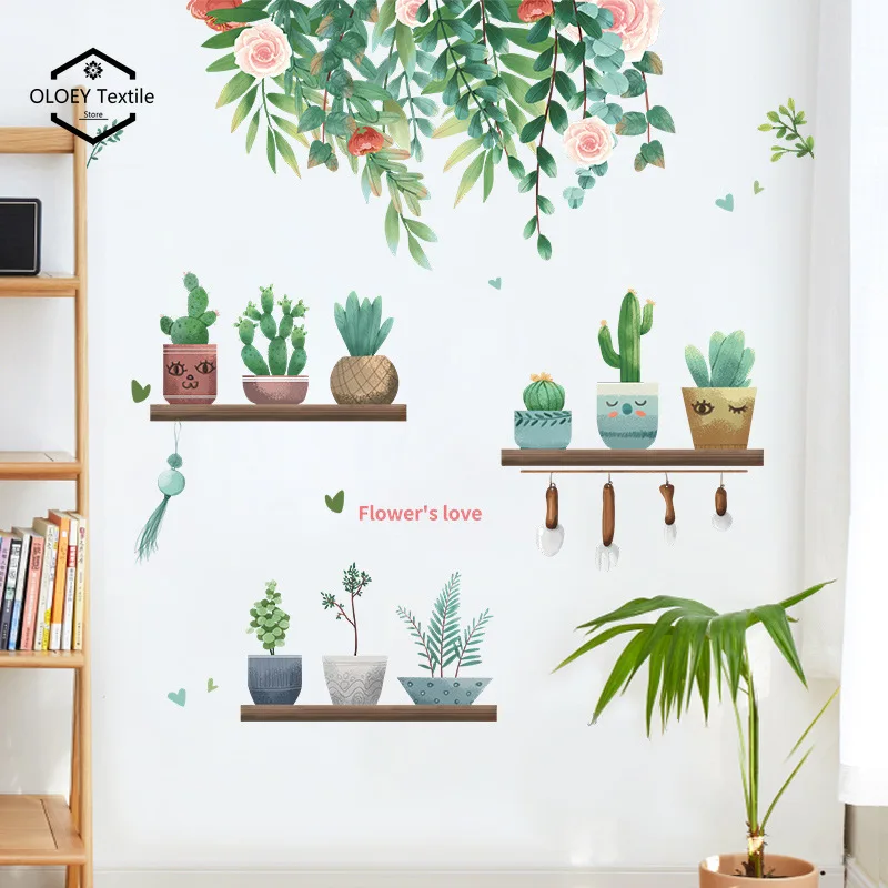 

Green Potted Plants Wall Stickers Home Living Room Sofa Background Decoration Wallpaper Self-adhesive Plant Leaf Decals Beautify