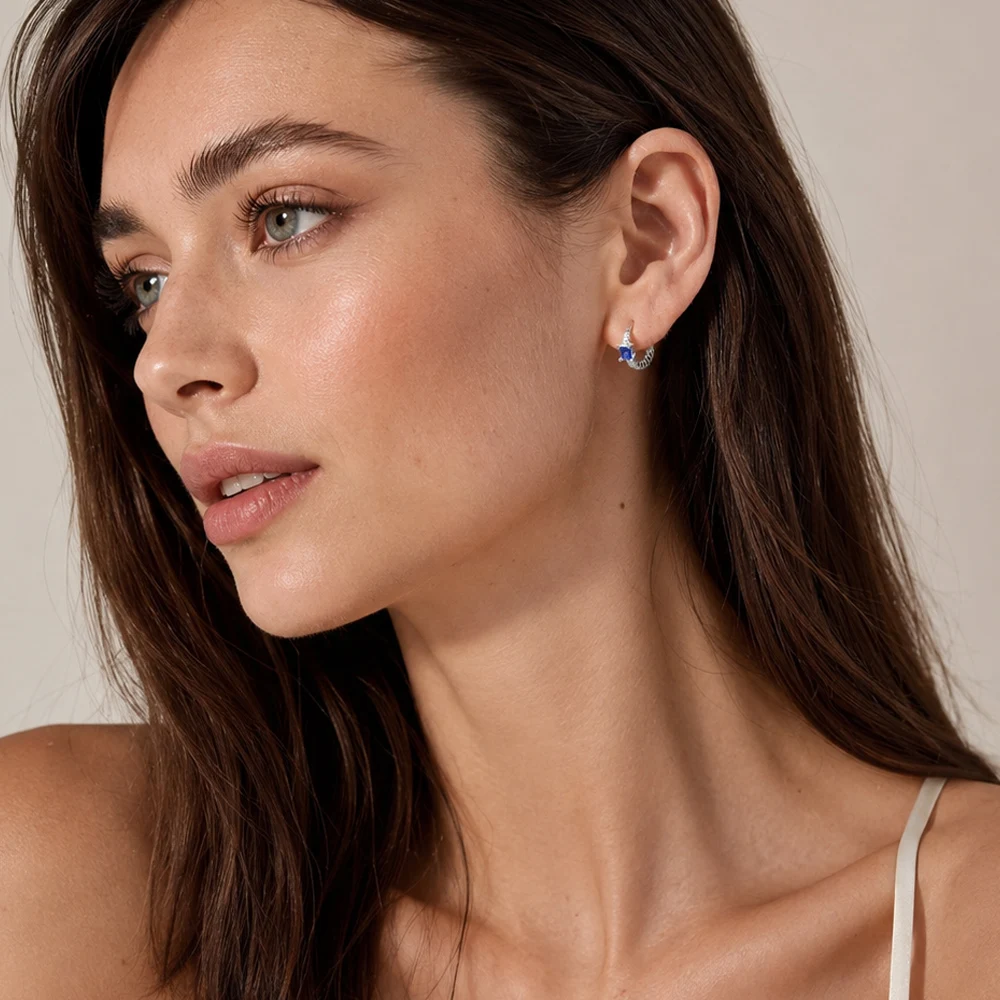 Blue Stone Timeless Creole Hinged Hoop Earrings Europe Glam Fine Jewerly For Women Gift In Solid 925 Sterling Silver view 2