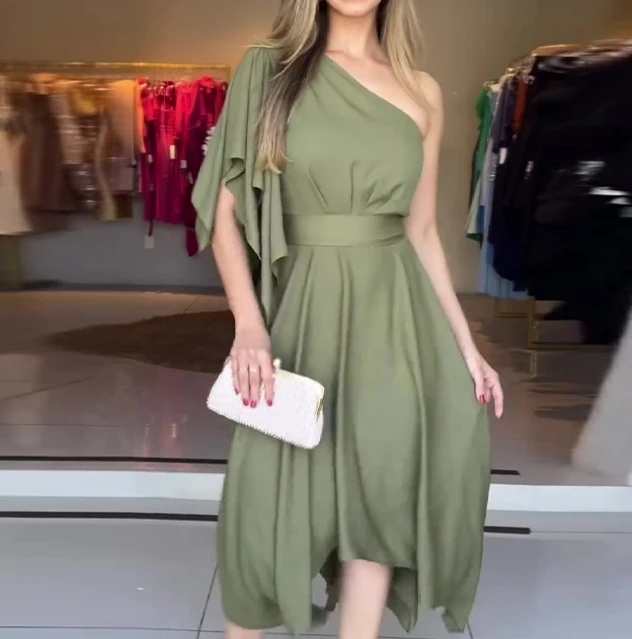 

Women's Fashion Slanted Shoulder Solid Asymmetric Hem Dress Temperament Commuting Female Elegant Sexy High Waist A-Line Dresses