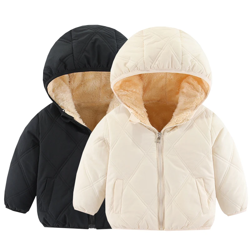 Baby Winter Hooded Coat Fleece Lined Quilted Jacket Boys Girls Zipper Windproof Warm Children Snowsuit Plush Outerwear