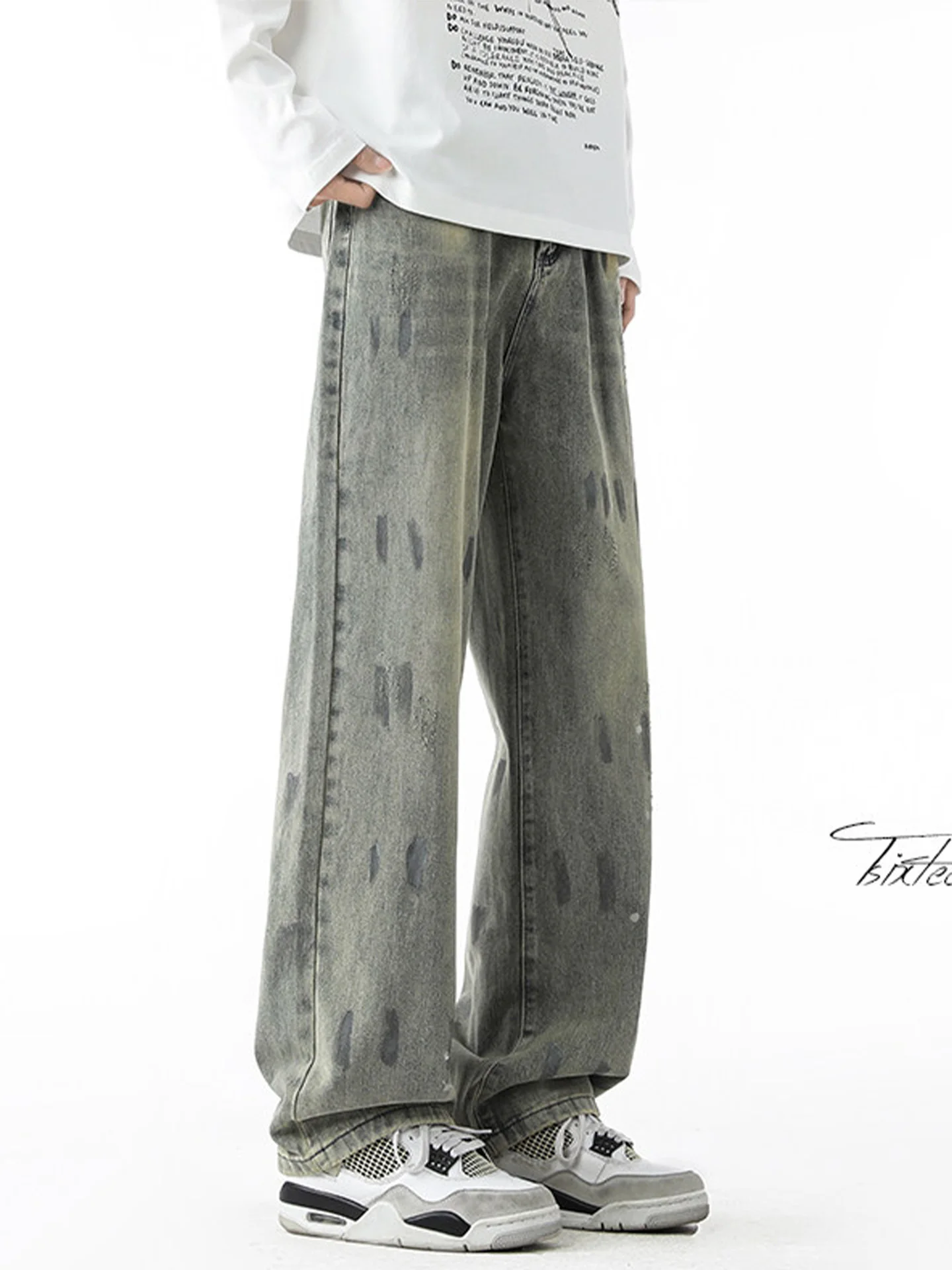 

Мужские джинсы в американском ретро-стиле с эффектом брызг краски, весенне-осенние, модные, свободные, повседневные, прямого кроя