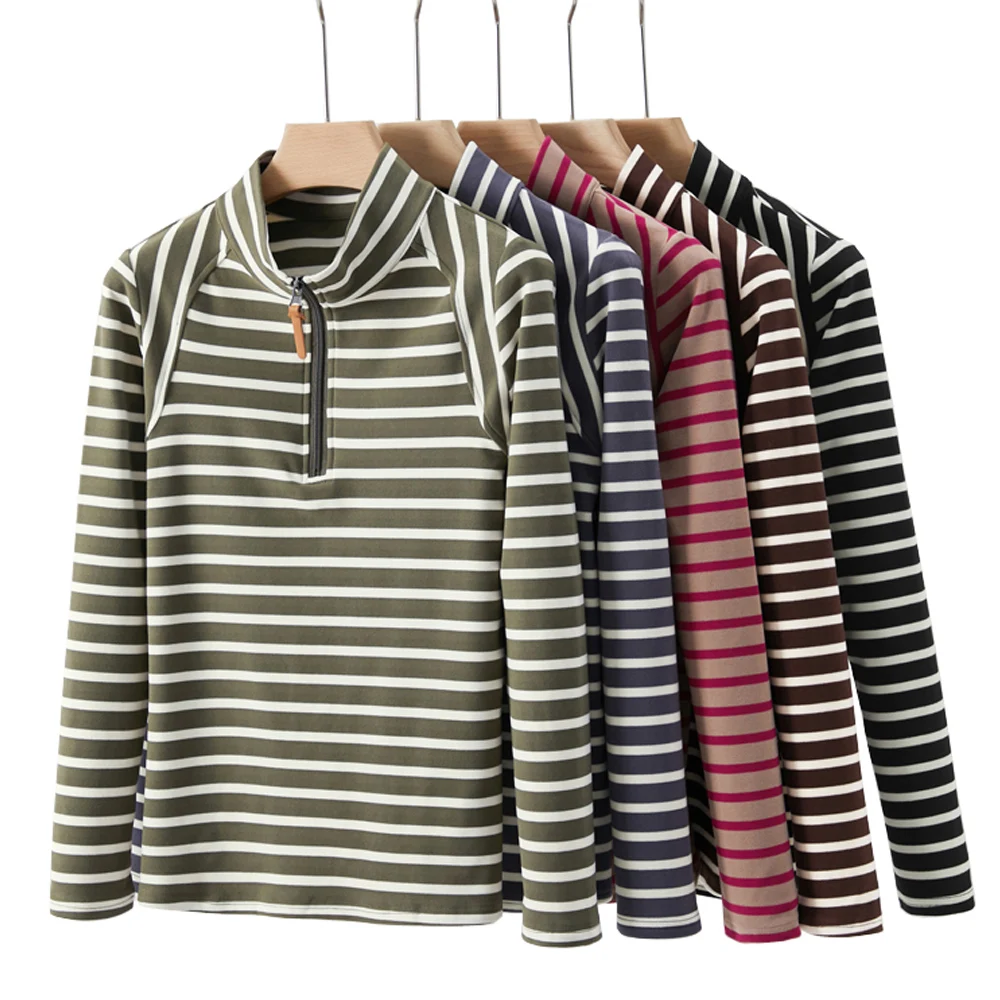 

Корейская версия, женская осенняя футболка на молнии с высоким воротником и длинными рукавами, новый высококачественный модный полосатый повседневный топ больших размеров с лацканами