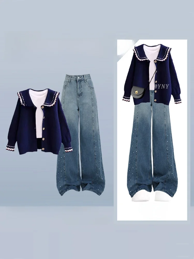 

Ele Pure Sle вязаный комплект с высокой талией, утягивающие джинсы, топ с кукольным воротником, бот, женский модный осенний наряд из двух предметов