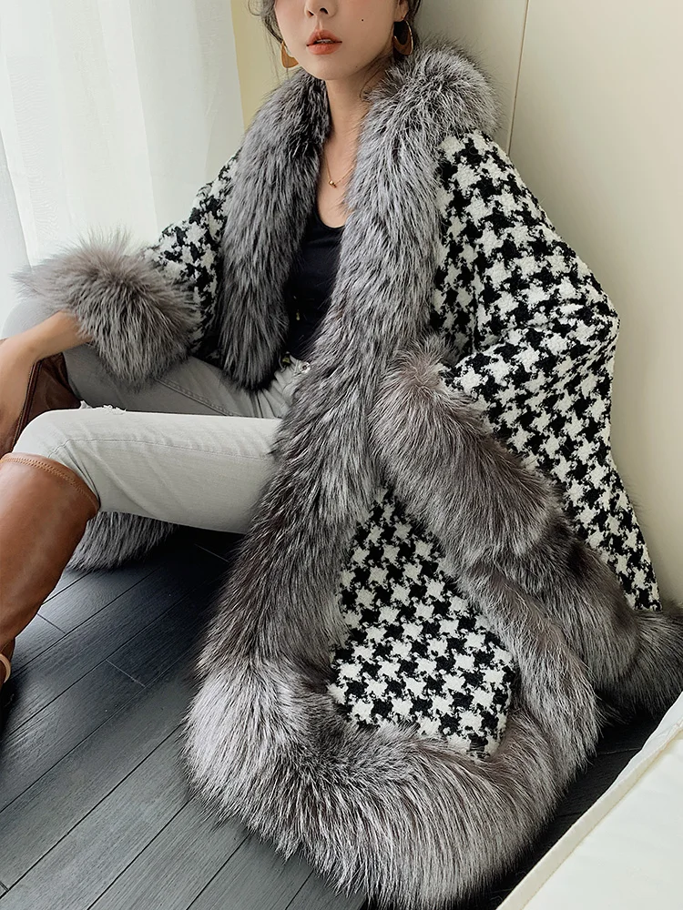 2024 New Real fur,European design fall Winter large Size real fox fur cloak coat plaid houndstooth natural fur cape