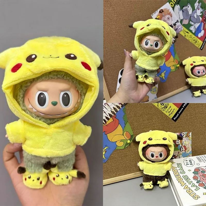 15 17cm para muñeca Labubu dibujos animados lindo Pikachu traje de felpa ropa zapatos conjunto Kpop Kawaii traje ropa muñeca de postura de pie