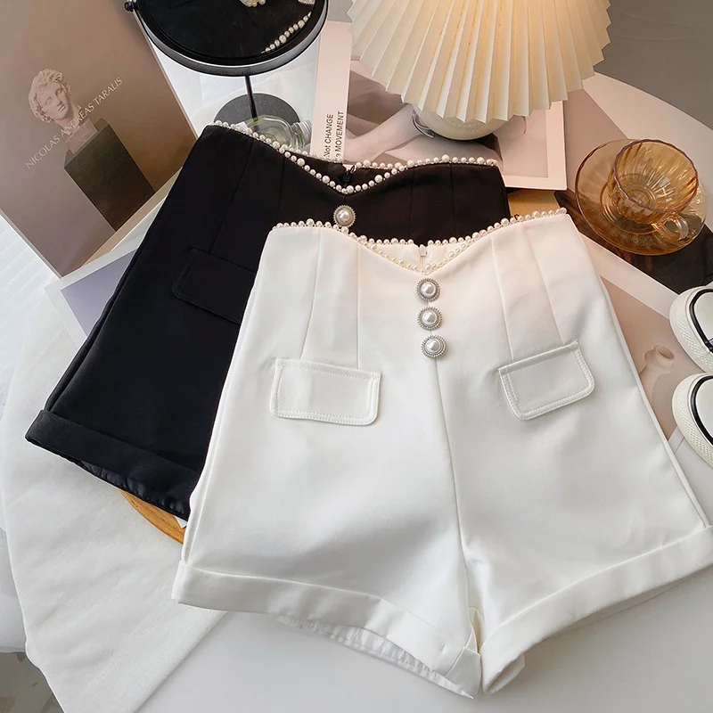 Summer and Autumn Season Single Breasted Temperament Pearl Loose High Waist Slim Fit Versatile Wide Leg Shorts