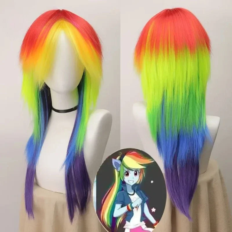 Anime Pony Friends Rainbow Dash Cosplay Wig Ombre Colorful Synthetic Long Straight Wig Cute Girl The Pony Cartoon Coser Wig