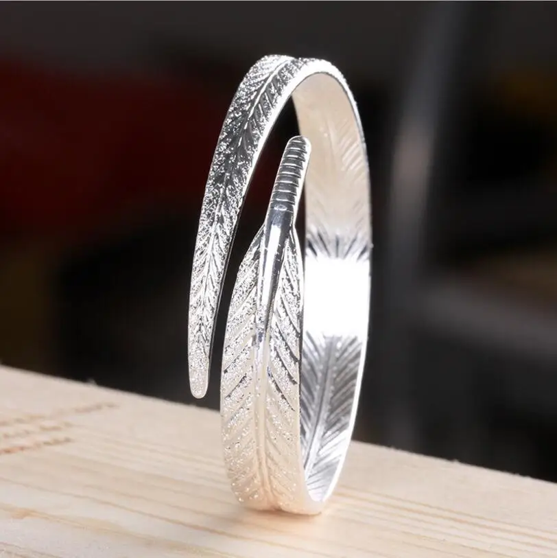 Unique Women 925 Sterling Silver Leaf Bangles Open Cuff Bracelets & Bangles Fine Jewelry pulseras S-B13