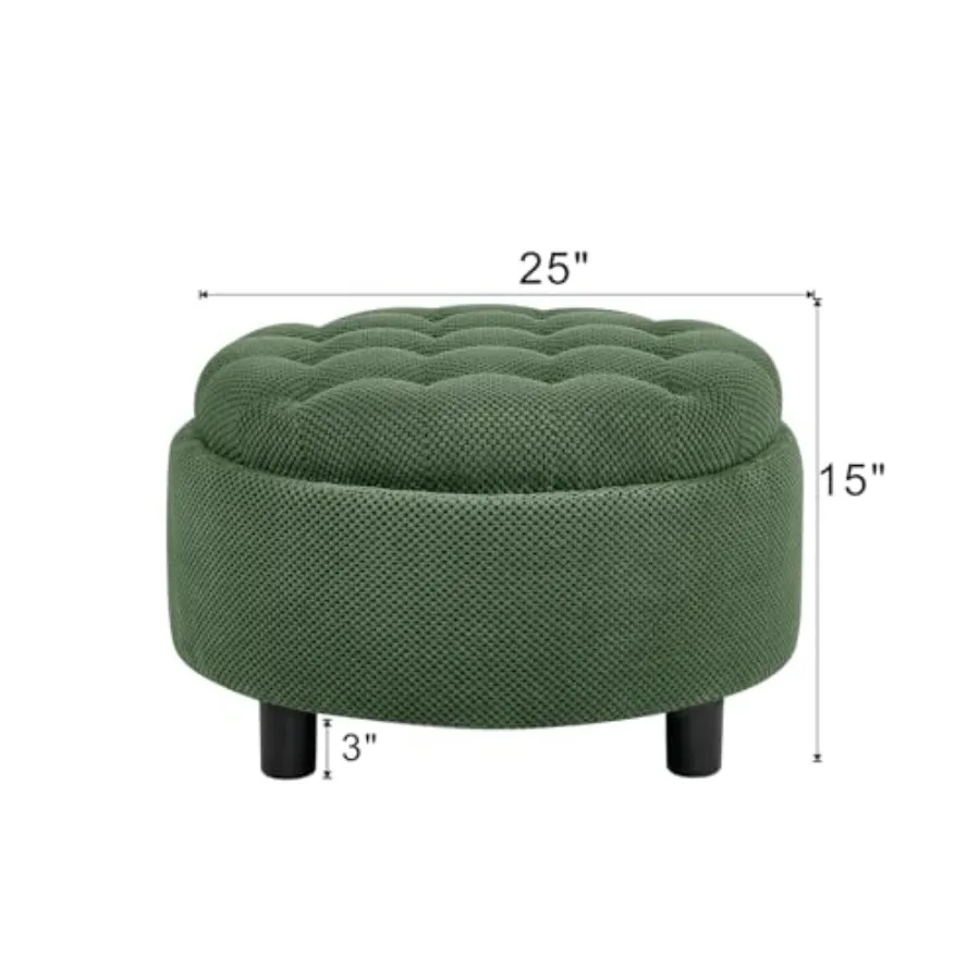 Living room bedroom ottoman: 25-inch round upholstered tufted fabric storage ottoman with removable tray top, hidden compartmen