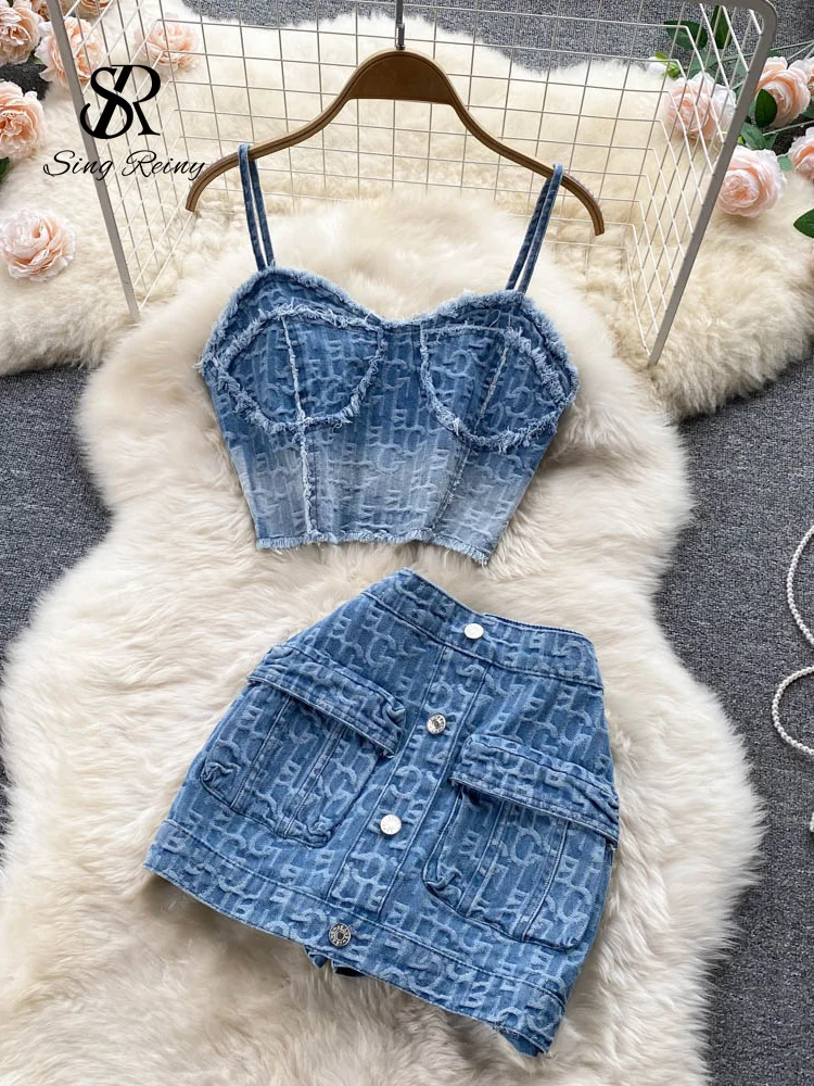 Babyoung Women Summer Sexy Denim Set Strapless Sling Zipper Design Tops + Short Button Mini Skirt Short Jeans Two Piece Suits