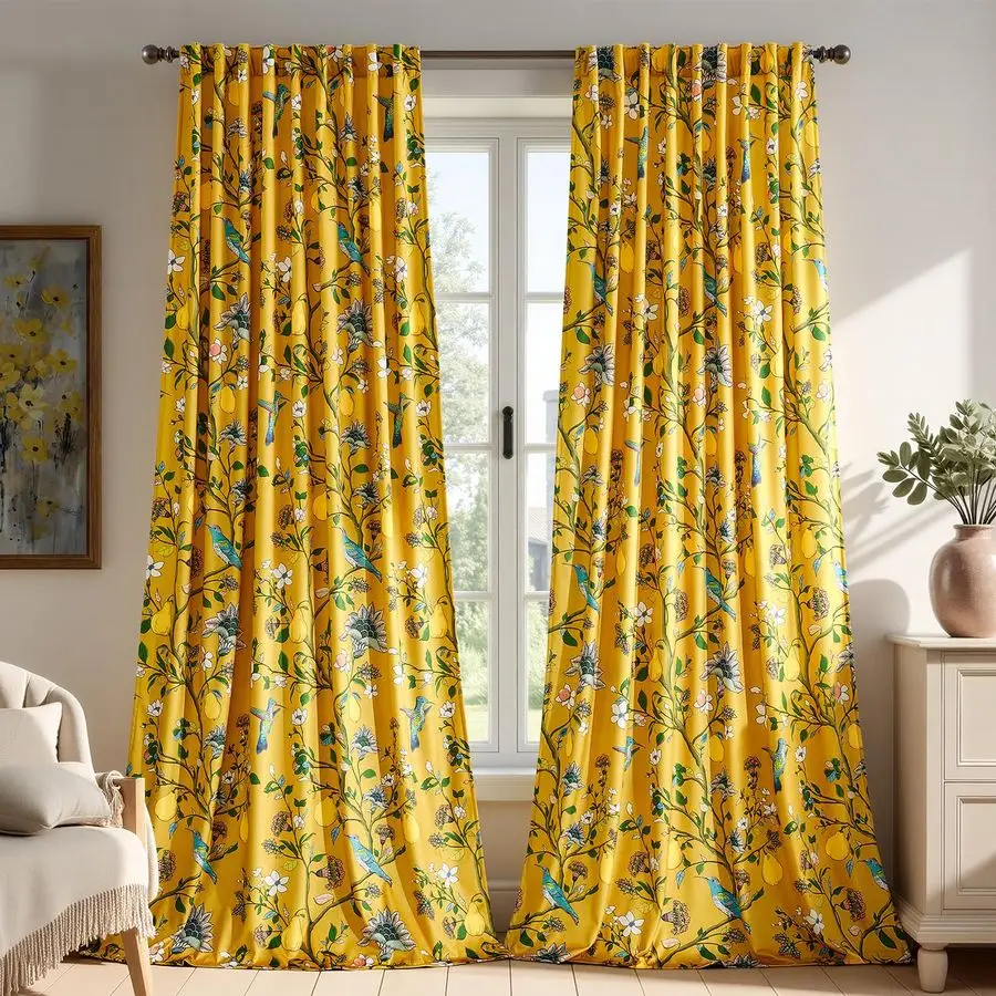 

Yellow Luxury Velvet Floral Curtains 84 inches for Living Room,Vintage Victorian Botanical Blackout Curtain Drapes,2 Panels Mid