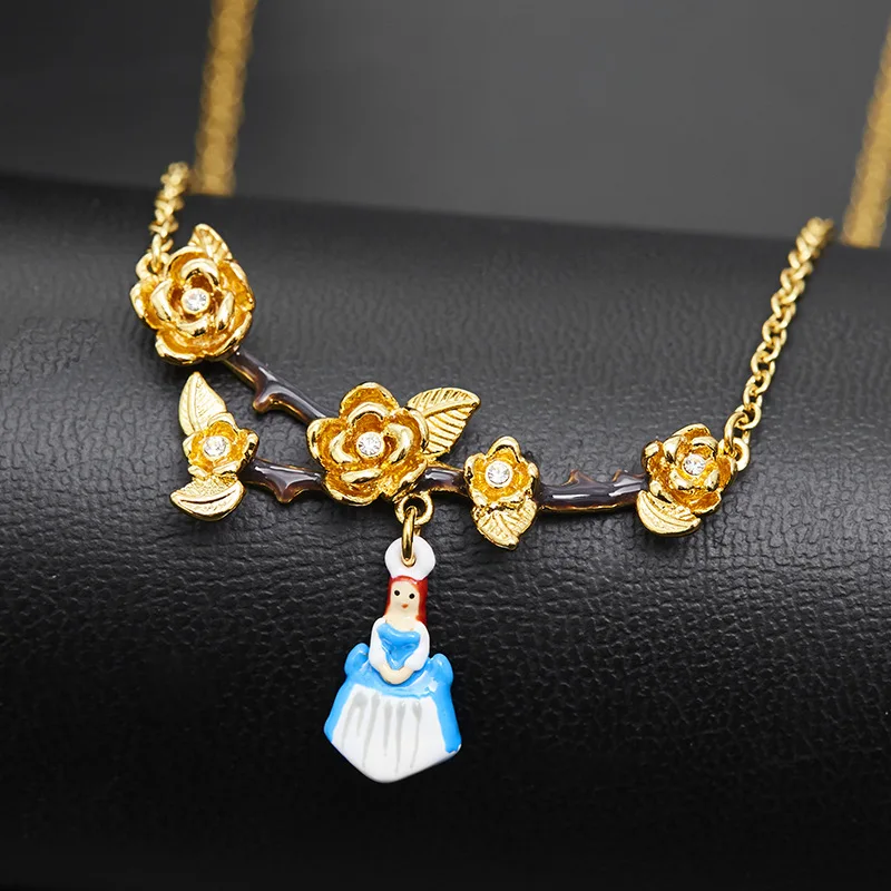 French Sweet Fashion Temperament Fairy Enamel Tree Branches Rhinestone Glued Rose Flowers Girls Pendant Collar Necklace Jewelry