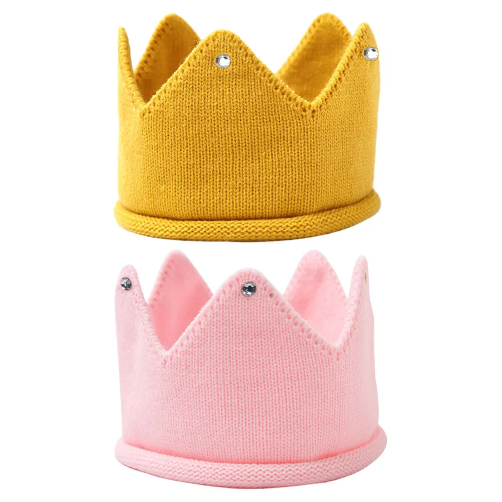 

2Pcs Baby Shower Crown Knitted Hat Soft Knit Birthday Crown Cap Newborn Toddler Party Hat Baby Birthday Decorations