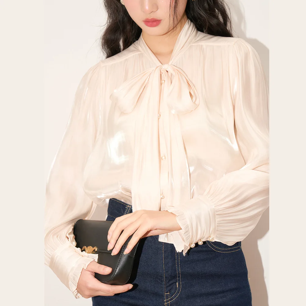 French romantic elegant gloss with ribbon lace-up commuter casual temperament shirt