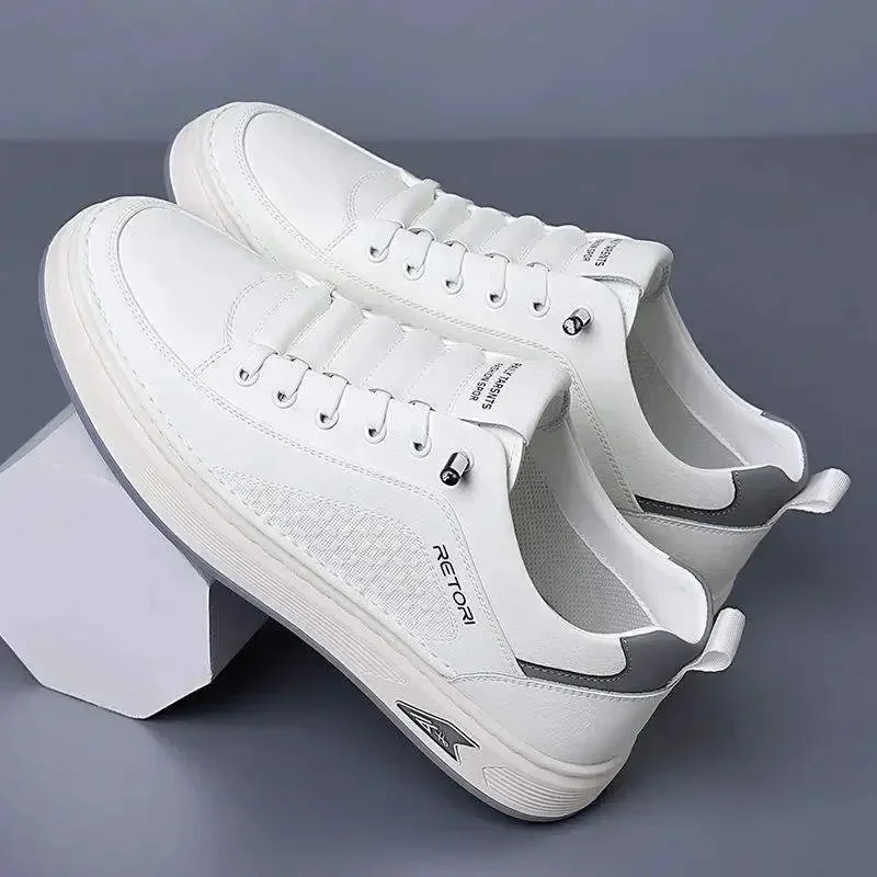 أحذية رياضية رجالية كاجوال من الجلد قابلة للتنفس، أحذية رياضية بيضاء عصرية، أحذية رياضية للشباب، نعال مريحة من مادة البولي يوريثين #2