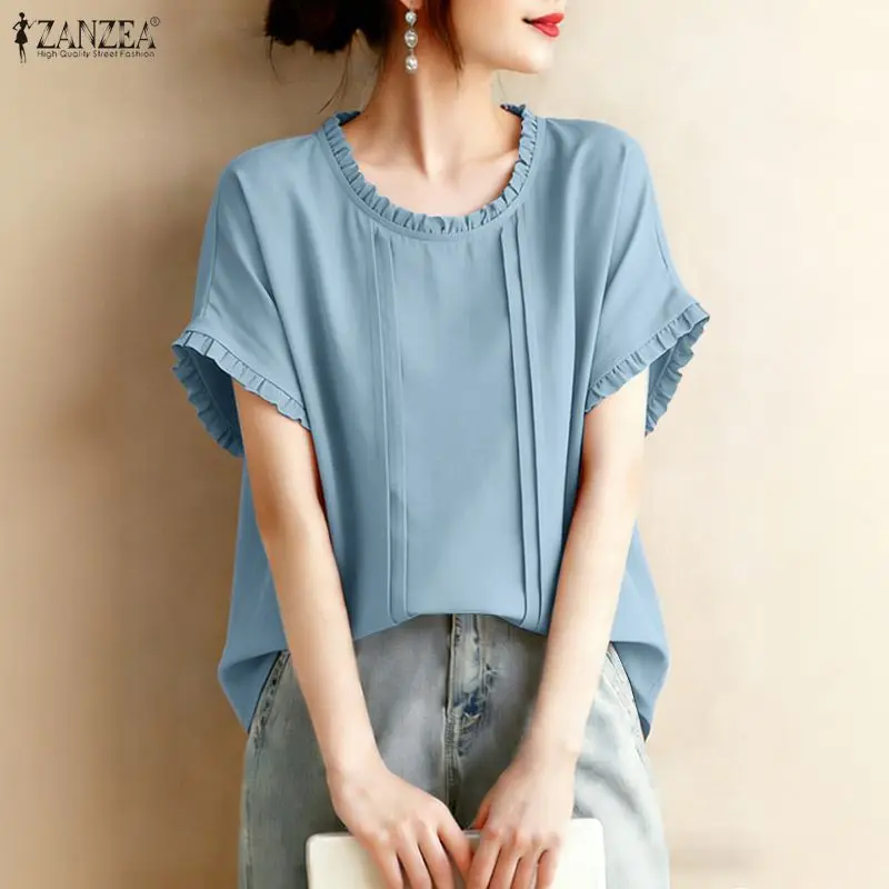 ZANZEA Women's Short Sleeve T-Shirts Ruffled Trim O-Neck Pintuck Loose Pullover Tops 2026 Summer Daily Casual Solid Color Tees