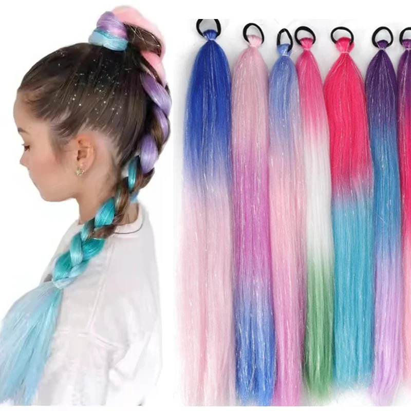 2pcs Sparkle Glitter Rainbow Colored 26inch Synthetic Ponytail  Extension with Elastic Tie Hair Accessory with Mixed Tinsel