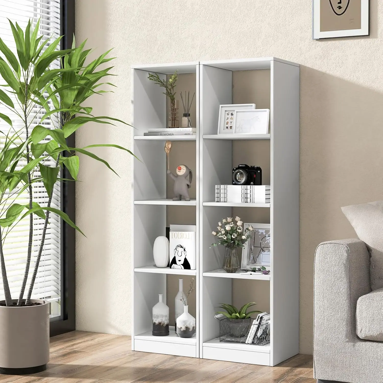 White 4-Cube Vertical Wood Bookcase Set of 2 for Bedroom Living Room Home Office, Customized