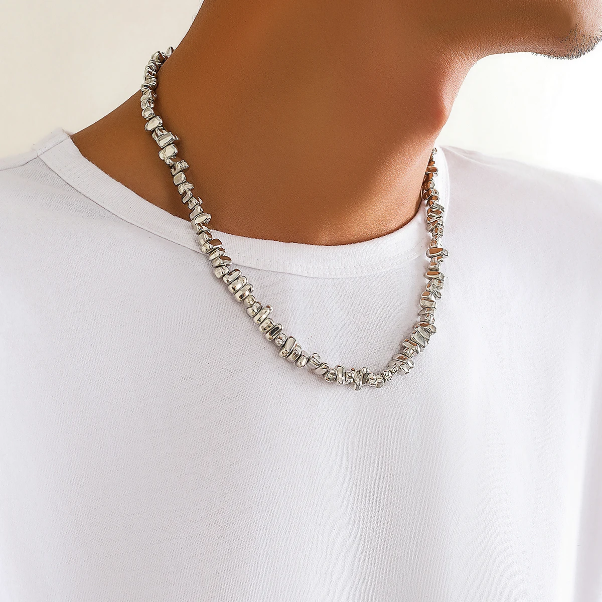 Ingemark Retro Silver Color Irregular CCB Bead Chain Necklace Unisex Vintage Adjustable Link Choker Grunge Jewelry Steampunk Men image 2