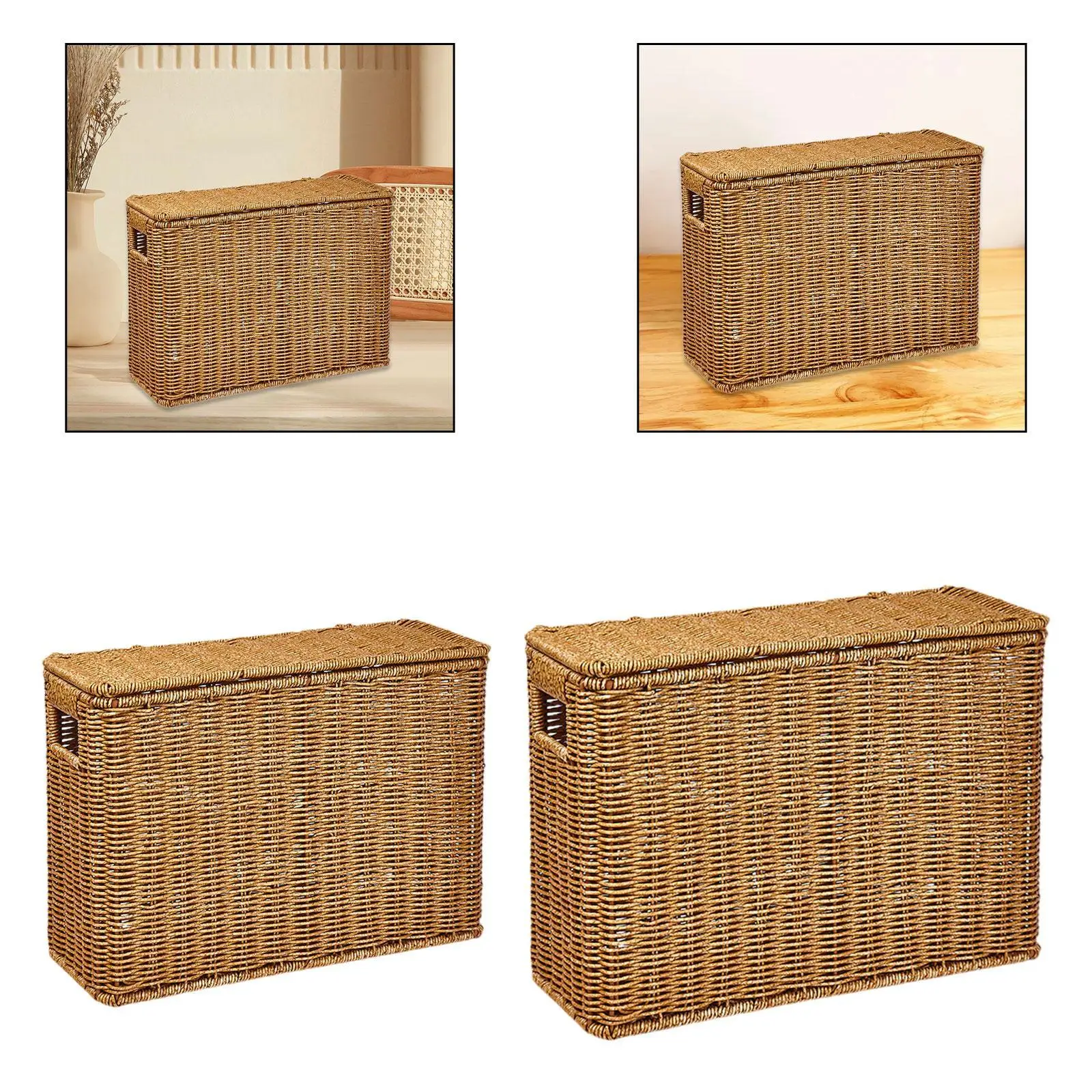 Flip Top Woven Storage Basket Slim Organizer Bin for Living Room Study Hat Storage Box Magazine Rack