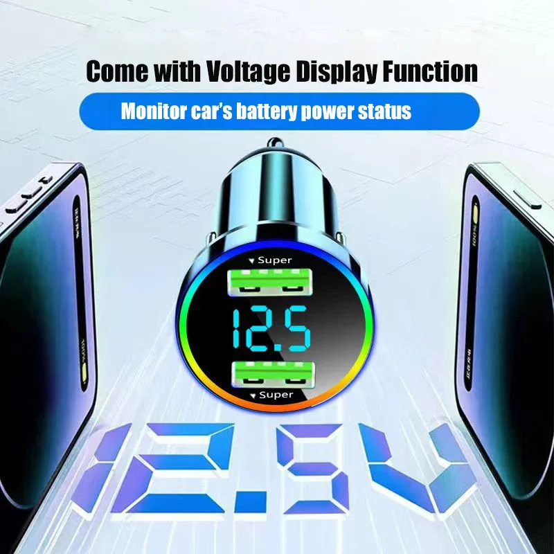 Car Charger Adapter 2 Port Super Fast Charging Adapter with LED Voltage Monitor for iPhone 15 14 Pro Max Samsung Oneplus Huawei