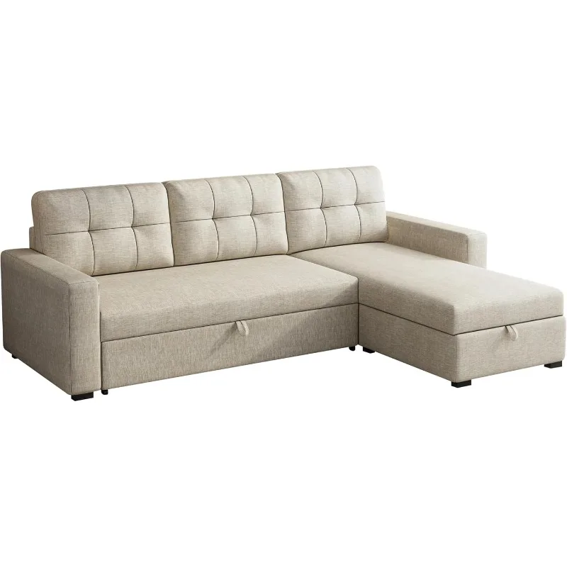 81.5" Sleeper Sectional Sofa,Upholstered Sectional Storage Chaise and Pull,Reversible L-Shape Couch,w/ 3 Back Cushions,for Livin