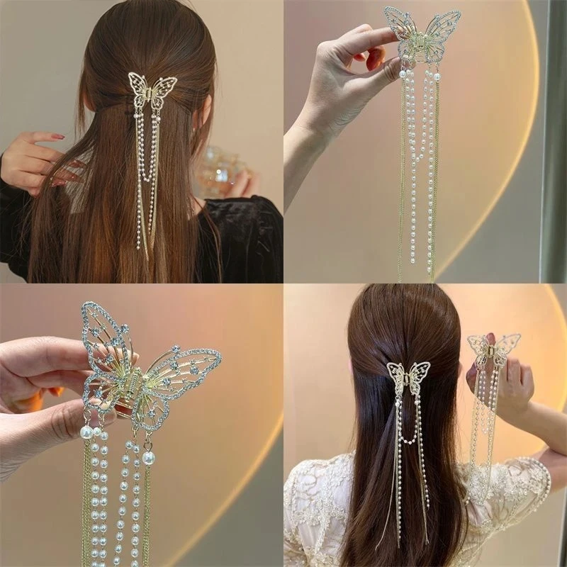 Retro Hollow Butterfly Tassel Hairpin Korean Girl Rhinestone Ponytail Hair Grabber Elegant Pearl Hair Accessories for Women