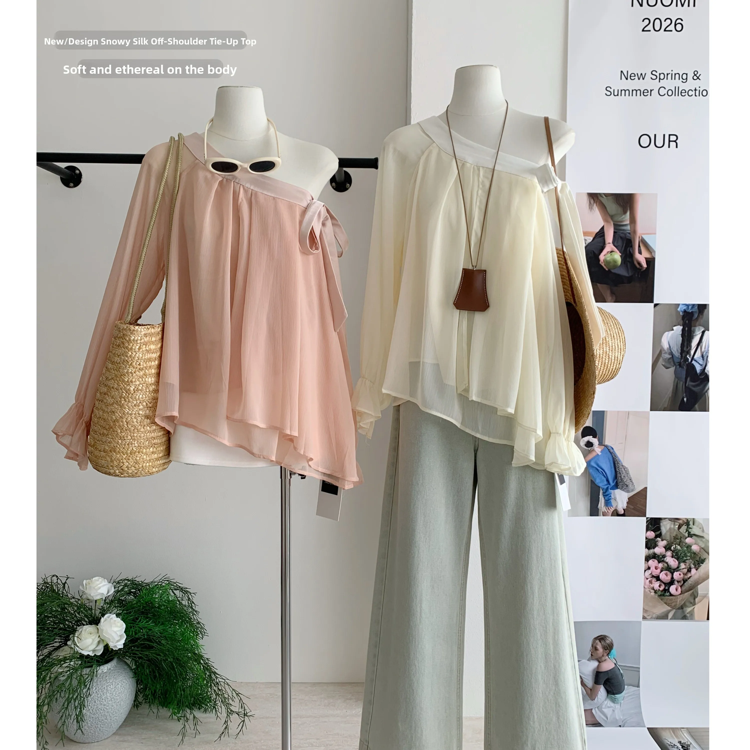

Elegant Slant Shoulder Satin Belted Chiffon Top Women's Spring Fashion 2026 Unique Beautiful Small Shirt Lace Shirt