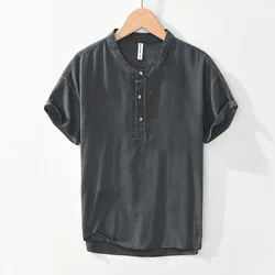 Japanese-Style Retro Linen Blended Short-Sleeved T-shirt, High-Grade Solid Color Henry Collar Pullover, Round Neck Shirt