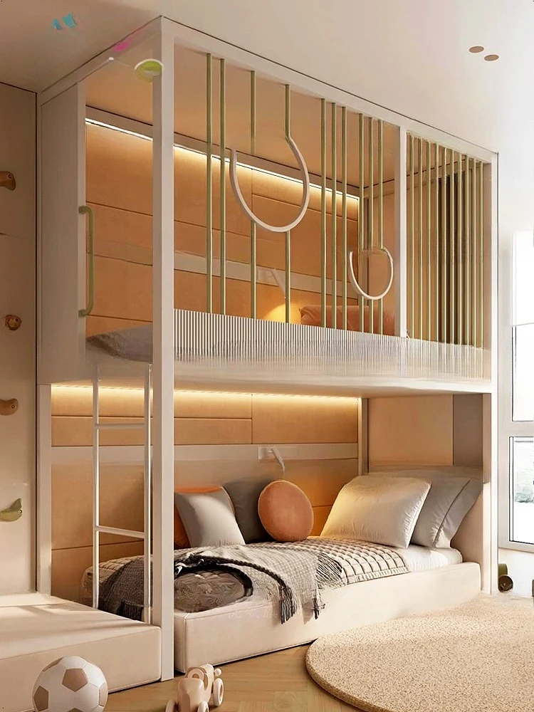 سرير علوي وسفلي حديث وبسيط، سرير عالي وسفلي من الخشب الصلب بطول 1 متر 2 سرير بفتحة دائرية سلم