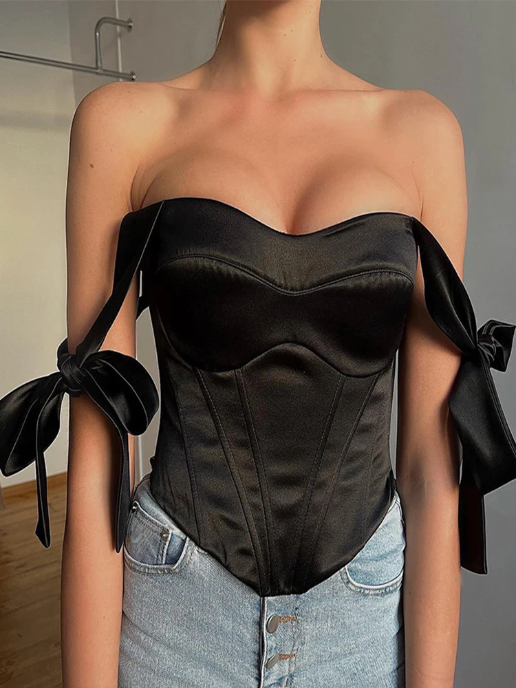 Elegante Top corsetto con papillon in raso per donna estate 2024 senza maniche Backless Club Party Sexy Crop Y2K canotta vestiti t-shirt