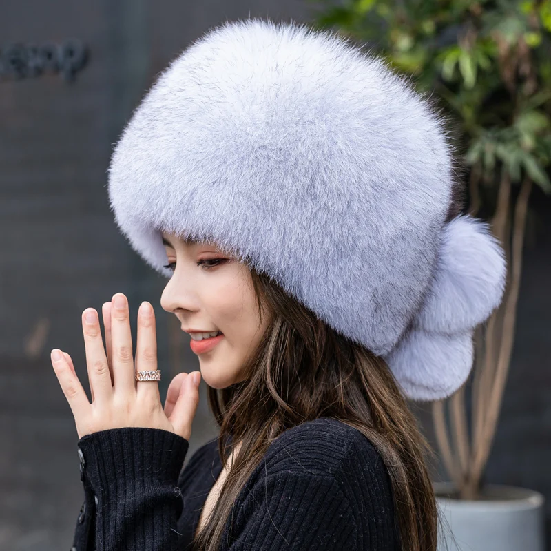 

Natural Fox Fur Beanies Women Winter Warm Fluffy Popular Russia Style Female Round Cap Winter Hats Woman Fashion Real Fur Hats