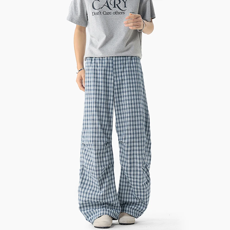 

Мужские повседневные брюки с плиссированным дизайном, в клетку, контрастного цвета, в американском стиле, прямые, свободные, летние