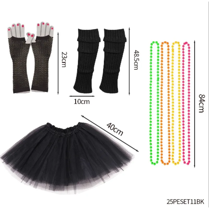 PESENAR 80s Retro Party Costume Set, Lace Headband Fishnet Gloves Purple Mini Skirt Beaded Bracelet Knee Pads Dress Up Kit