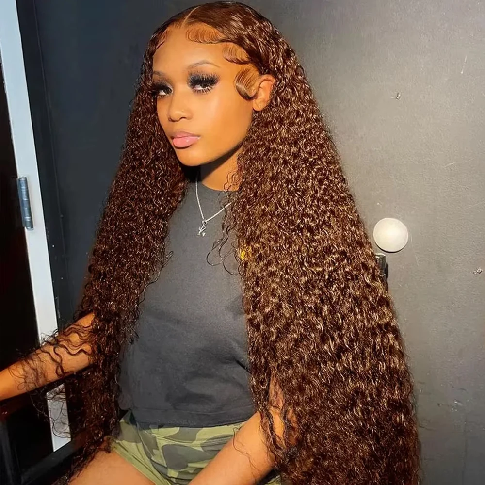 13x6 13x4 Deep Water Wave HD Lace Frontal Wig 220% Chocolate Brown Lace Front Human Hair Wigs Pre Plucked Colored Kinky Curly Wet And Wavy Wigs For Black Women