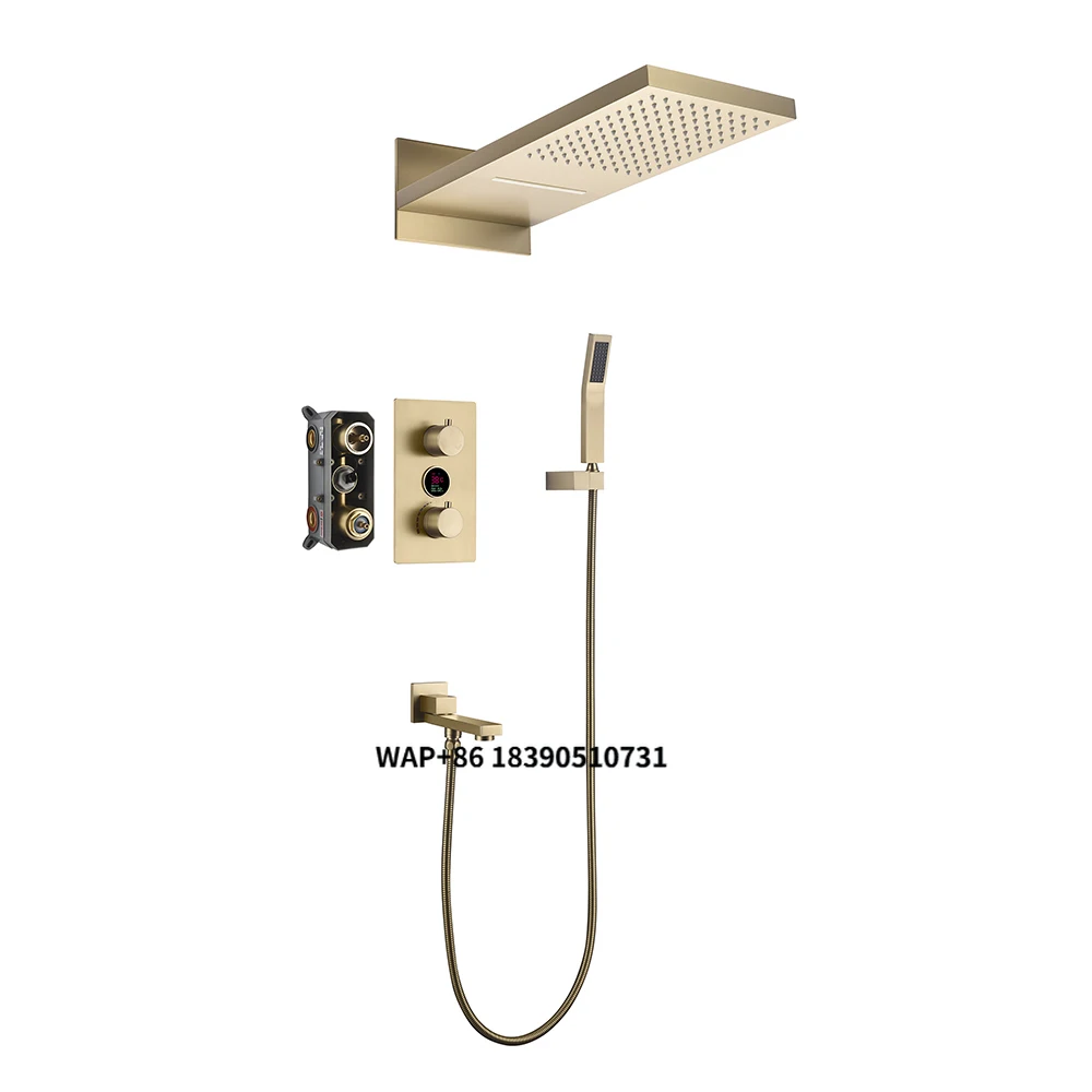 Complete Concealed Thermostatic Rainfall Showerhead Set Wall-Mounted Brass Brushed Nickel Faucet System for Bathrooms