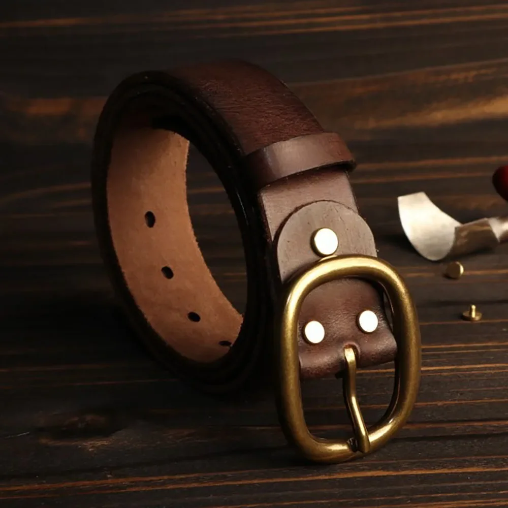 Classic American Style Distressed Cowhide Genuine Leather Belt With Oval Brass buckle  for Men 38mm Width