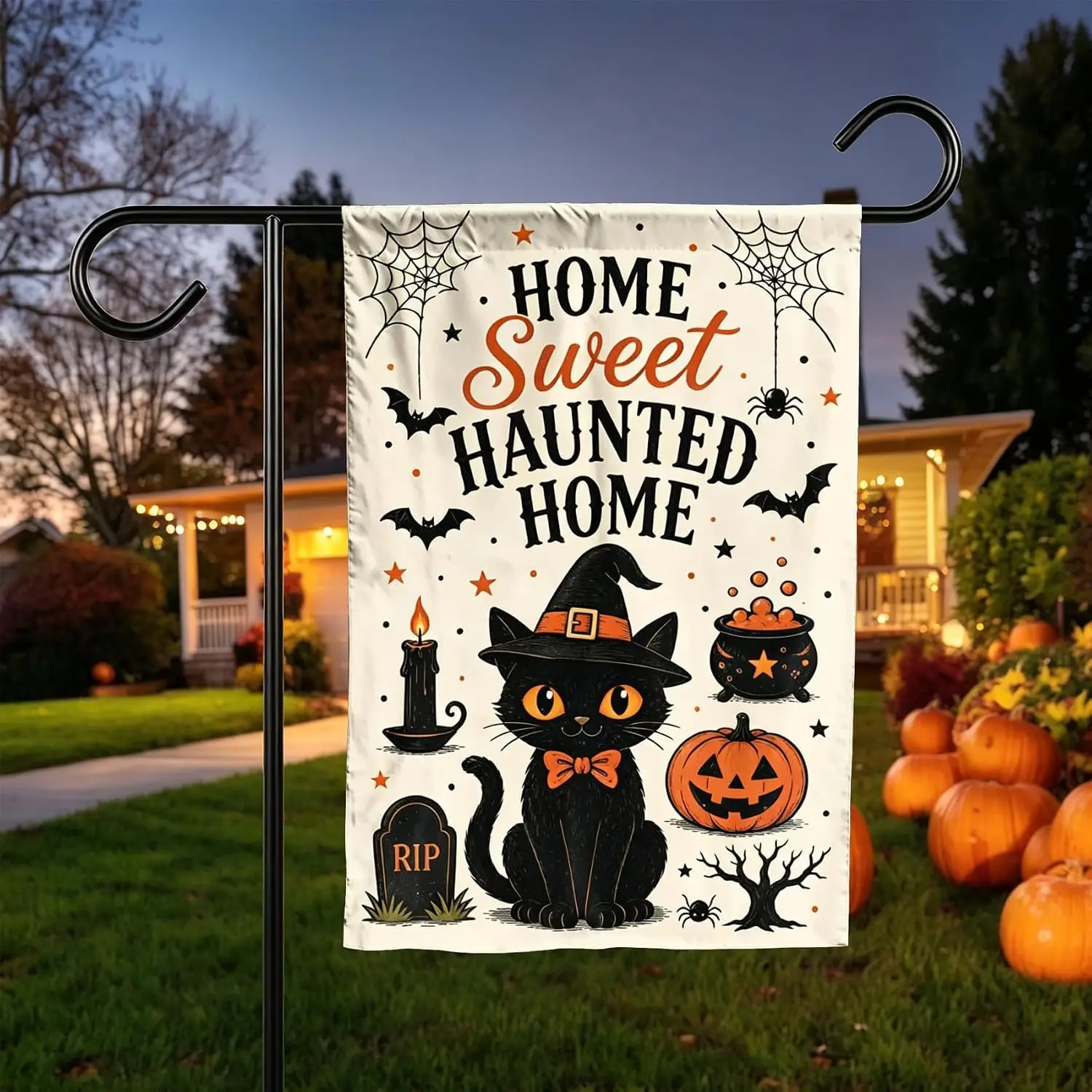 Home Sweet Haunted Home Cat Flag 12x18