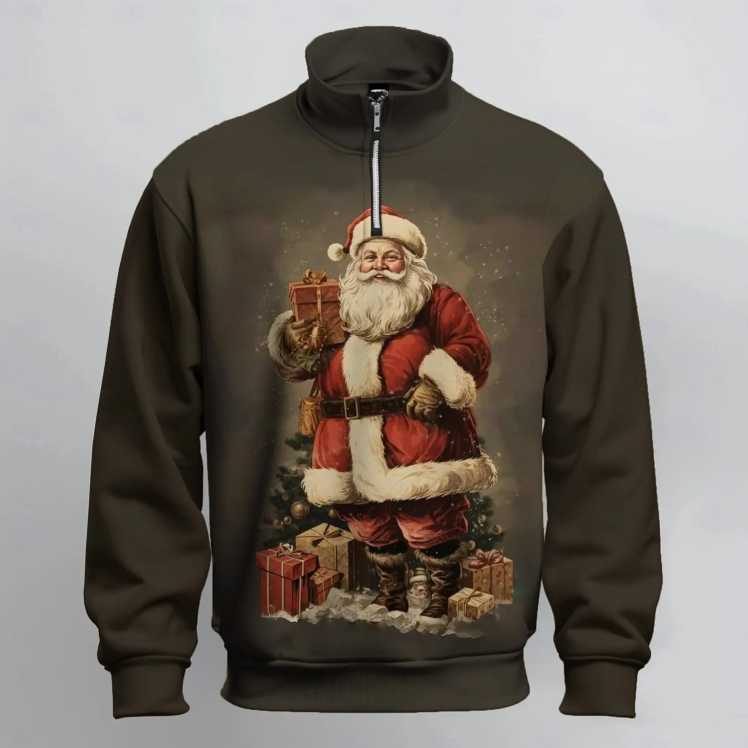 

Autumn Winter Casual Men's Stand Collar Sweatshirts Funny Santa Claus Print Half Zip Long Sleeve Tops Fashion X'mas Men Clothing