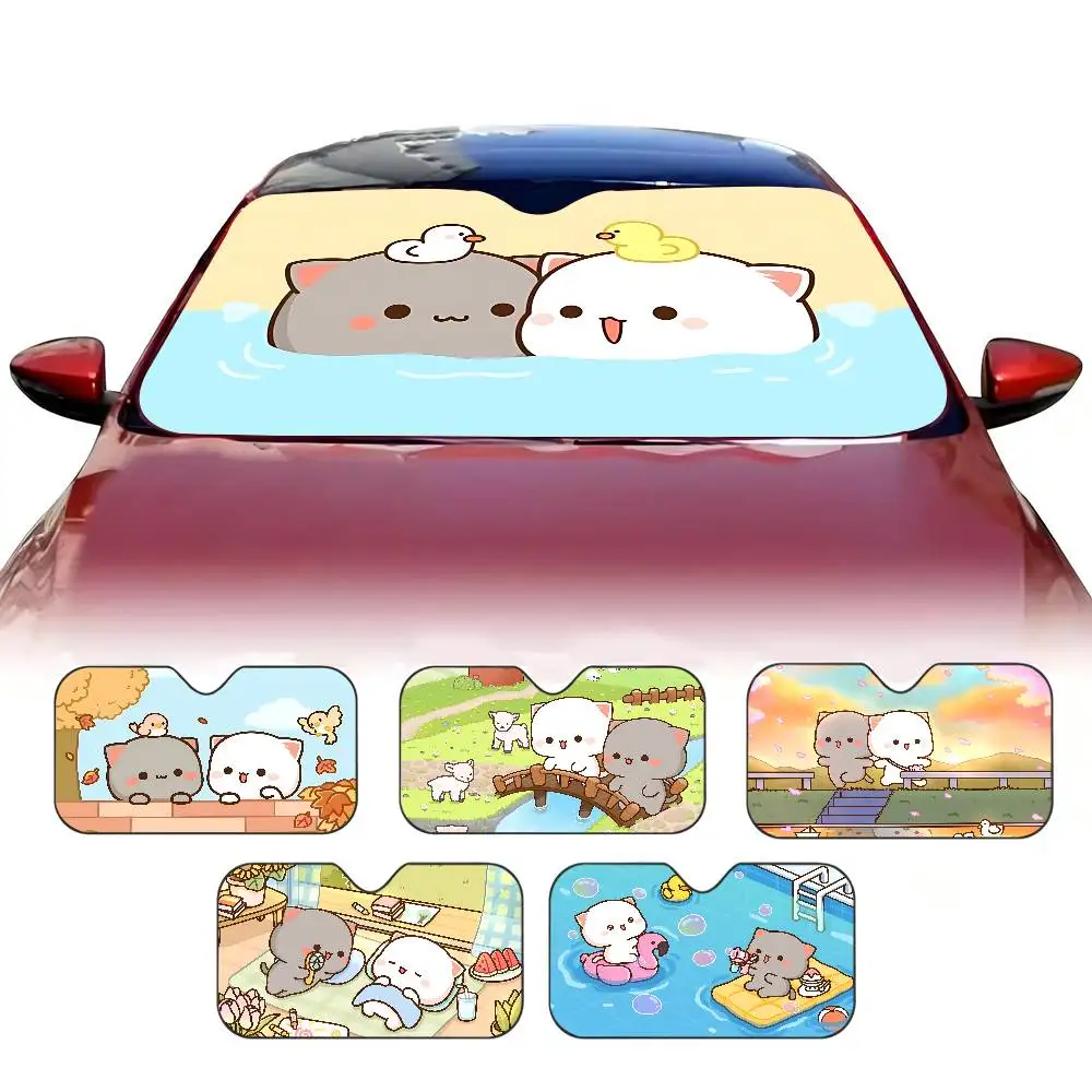 Cute Peach Mochi Cat Windshield Sunshade Anime Cute Car Front Windshield 70x130cm Sun Visor Heat Reflector