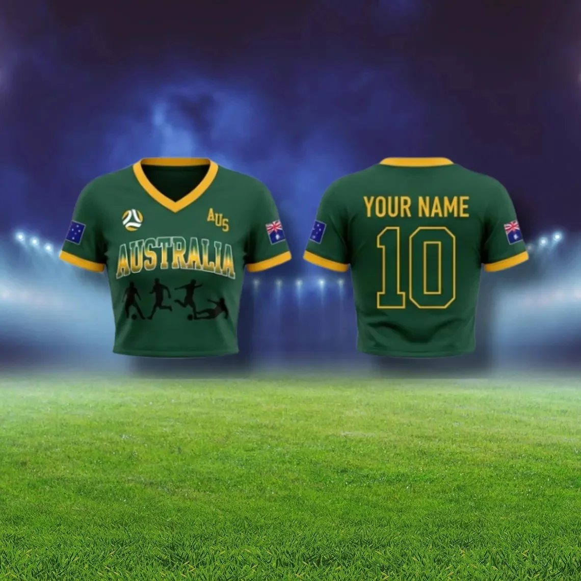 Australia Soccer Crop Top Jersey, All-Over Print Fan Apparel, Custom Name Number Football Fan Shirt, Women's Sports T-Shirts - view 4