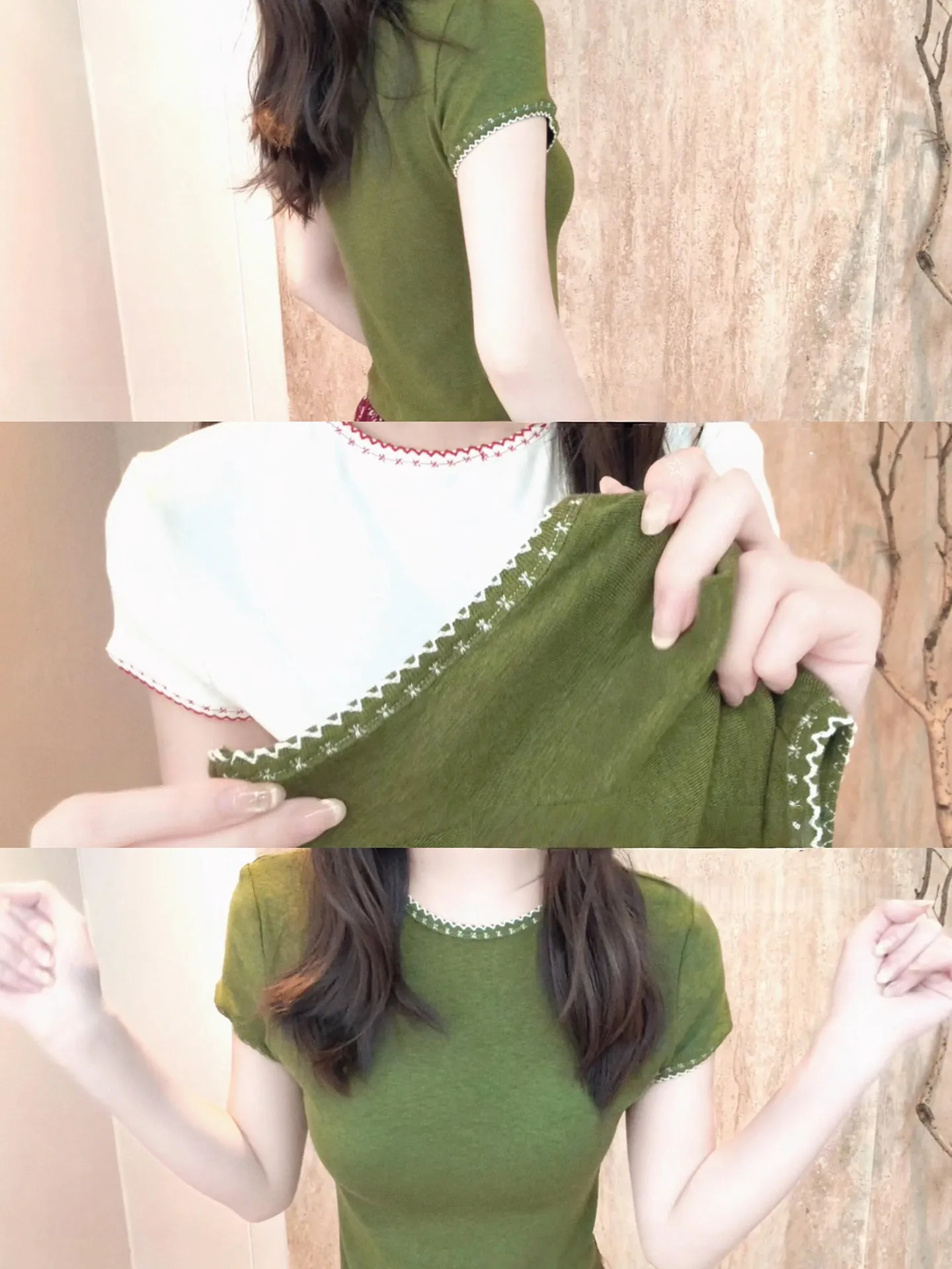 Green round Neck Short Sleeve T-Shirt Women's Summer 2026 Slim Fit Flattering Lace Trim Shoulder Length Casual Style Top