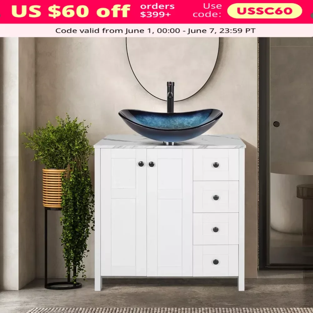 32-inch Bathroom Vanity Set, Single Bathroom Vanity with Marble Texture Top and 4 Drawers, Bathroom Vanity with Sink